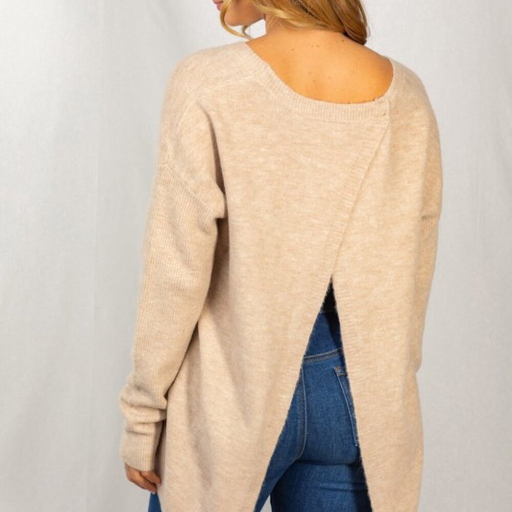 Long Sleeve Solid Knit Split Back Sweater 1X-3X